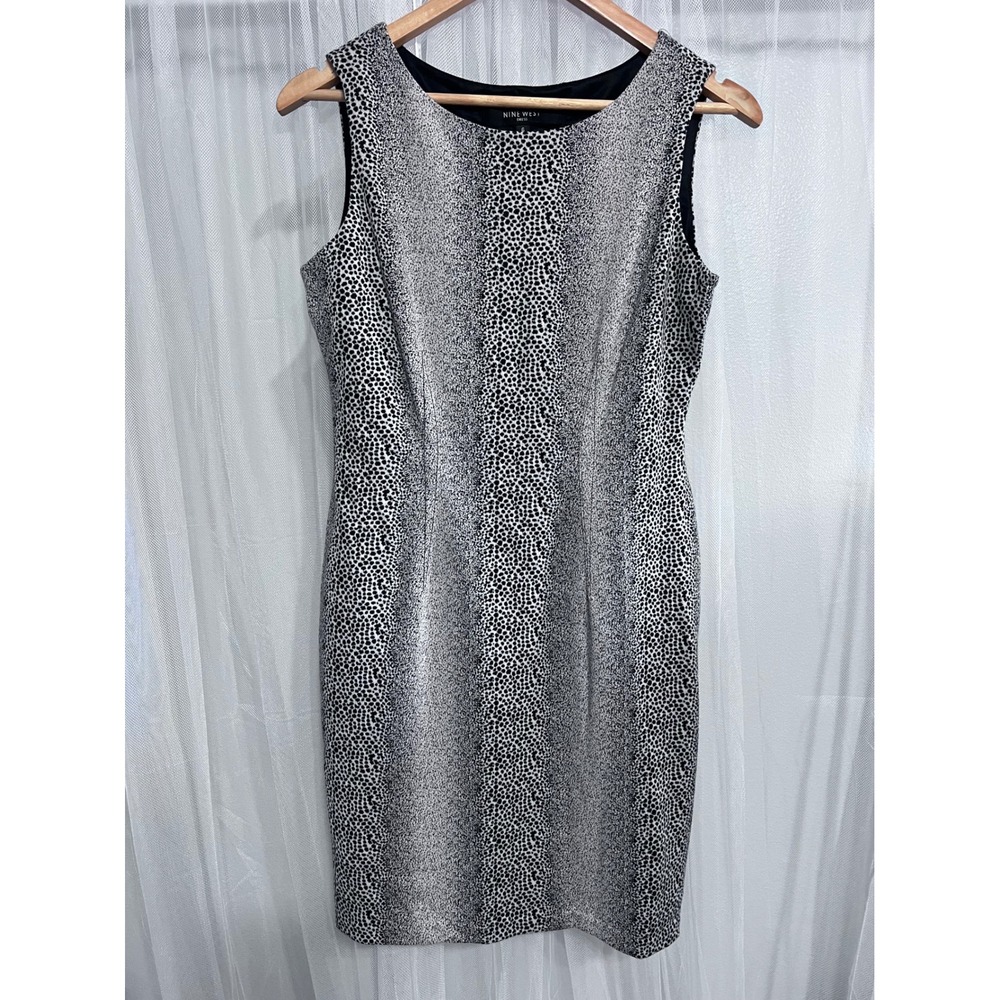 Nine West Dress Womens 6 Black White Dotted Sleeveless Sheath Knee Length Work